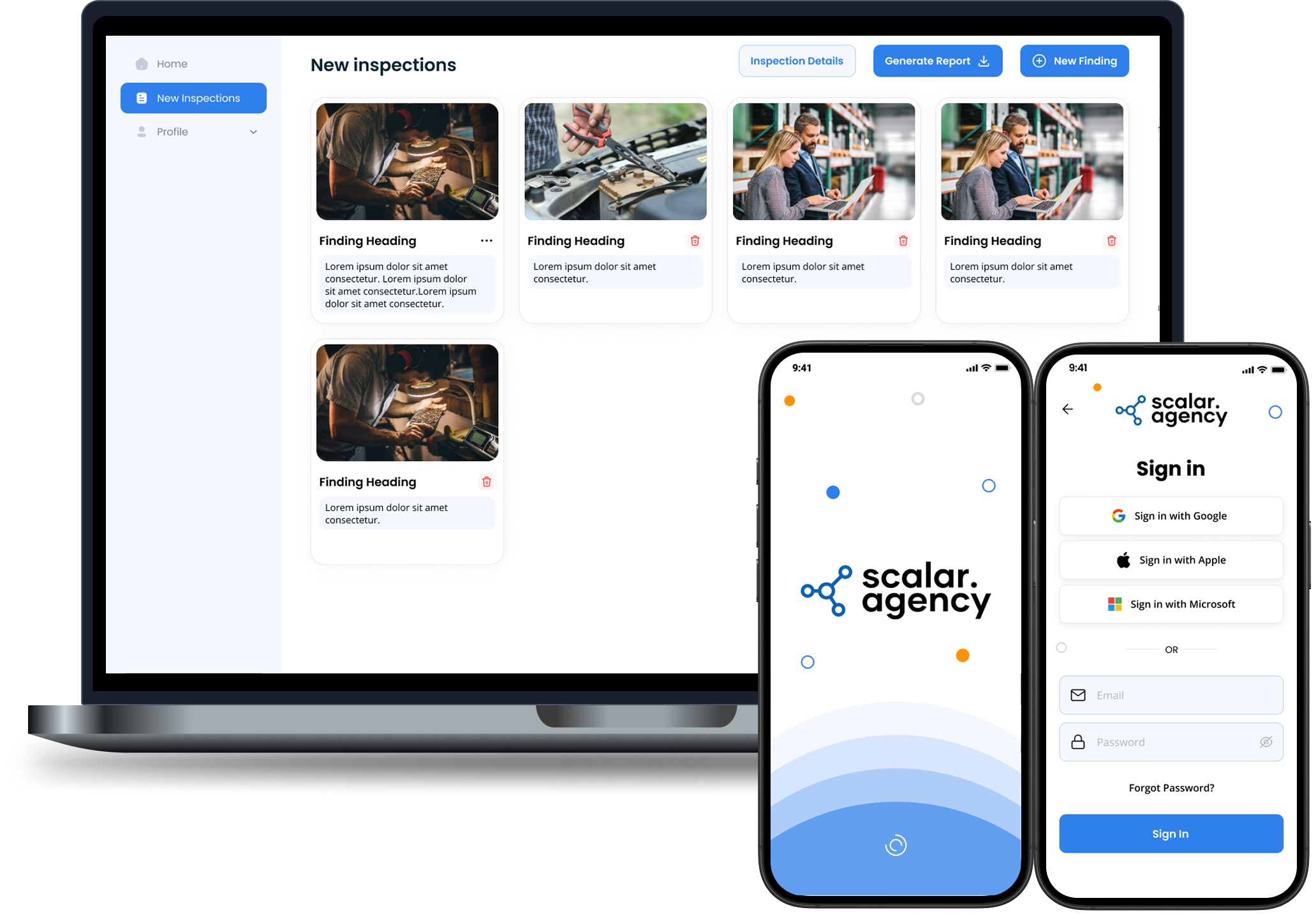 AI-powered property inspection app and web dashboard built with full-stack development, showing modern UI for construction and site inspections