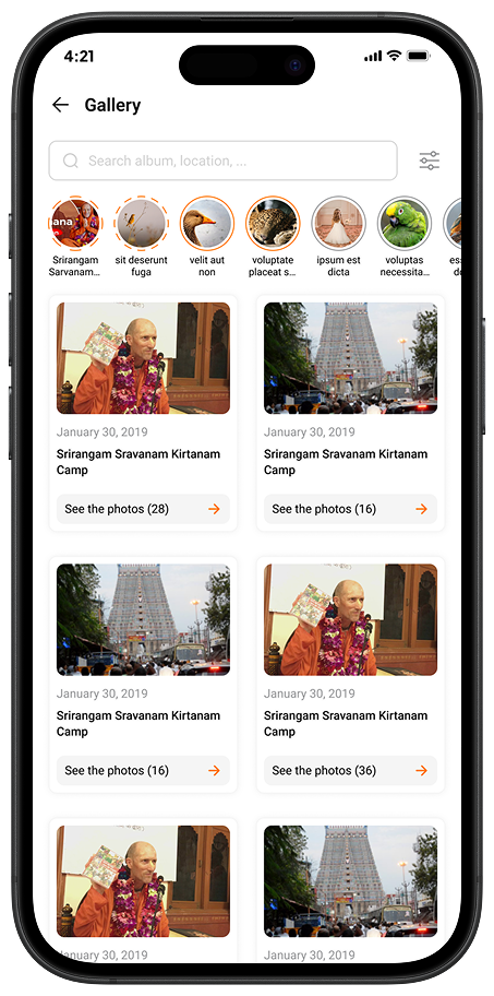 Gallery of spiritual media content including lectures, kirtans, and images