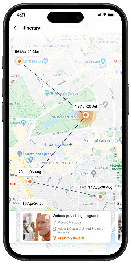Itinerary planning screen for spiritual touring and event scheduling