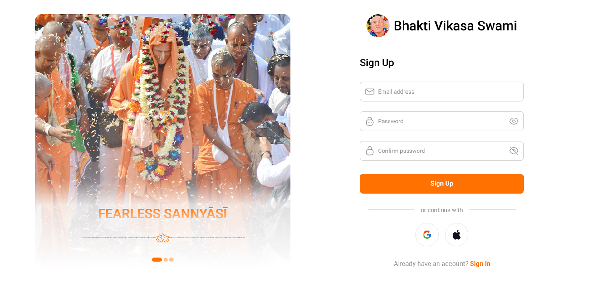 Login and registration UI for BVKS spiritual audio streaming web platform