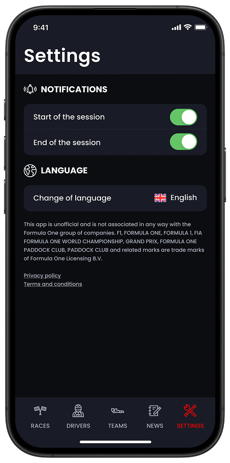 Settings and Account Preferences Screen – Racing App