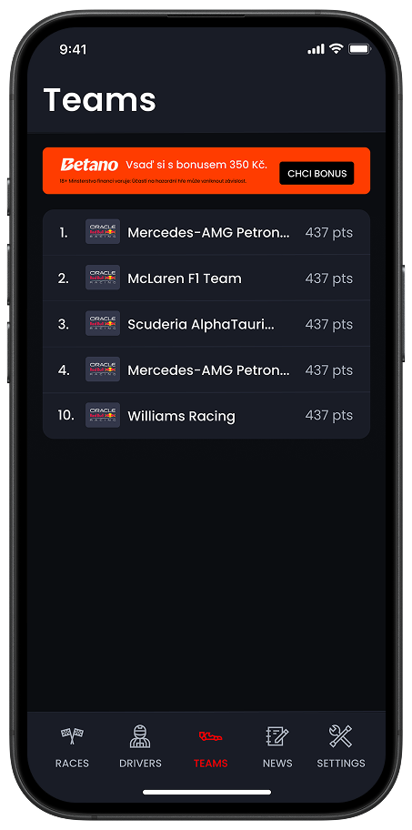 Formula Racing Teams Screen – Constructor Standings App UI

