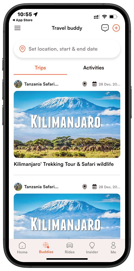 Buddies list screen displaying matched travel friends and user profiles.
