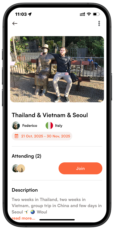 Trip detail screen displaying a buddy’s travel plan with dates, itinerary, and comments.