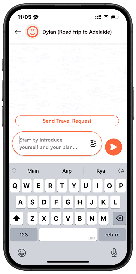 In-app chat screen with messaging features for travelers.