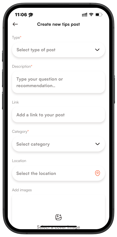 Screen showing options to create a travel post, add photos, categories, and descriptions.
