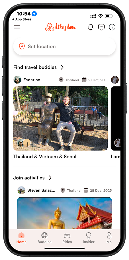 Home screen of Likeplan showing travel tips, trip cards, and social travel activities.