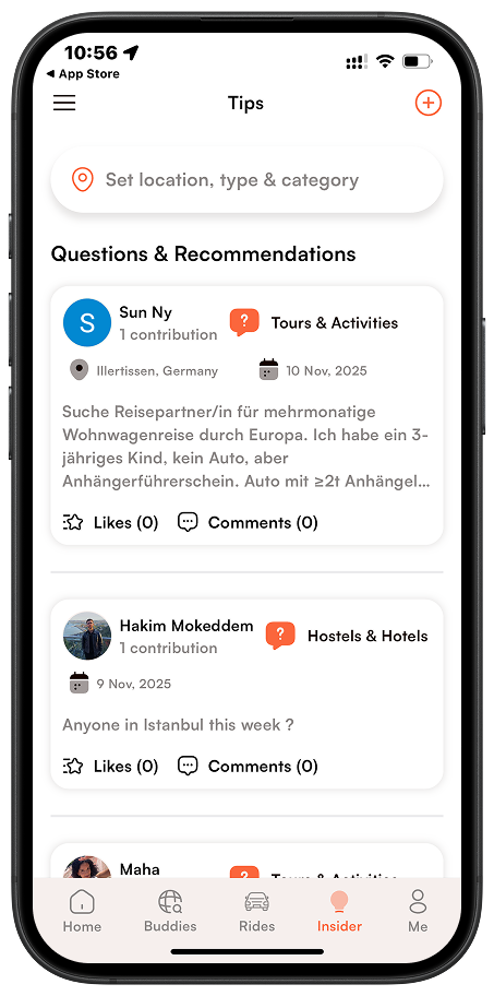 Insider section featuring travel tips, local suggestions, and community posts.