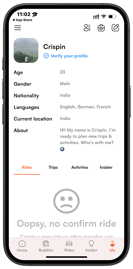 User profile screen showcasing personal details, visited countries, and saved trips.