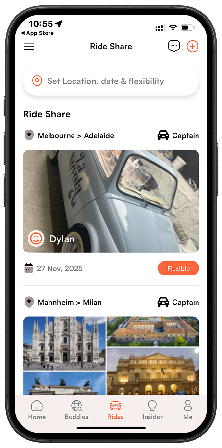 Riders screen showing available road trips and shared rides.