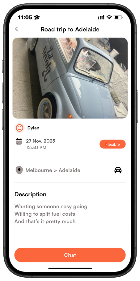 Screen showing specific road trip details, map preview, and travel activities.