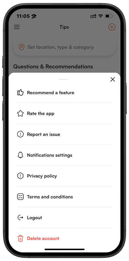 Sidebar menu showing profile, settings, notifications, privacy options, and logout.
