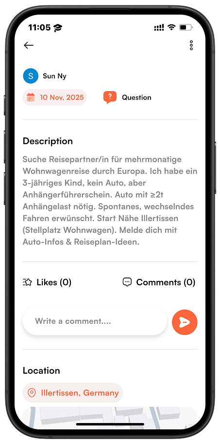 Trip details screen showing itinerary, date, destination, and attendees.