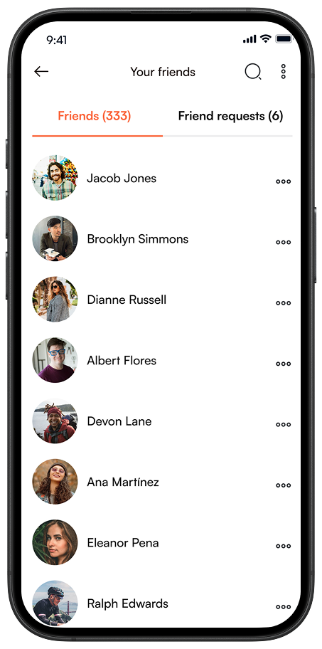 Friends list screen showing accepted friends and friend requests.