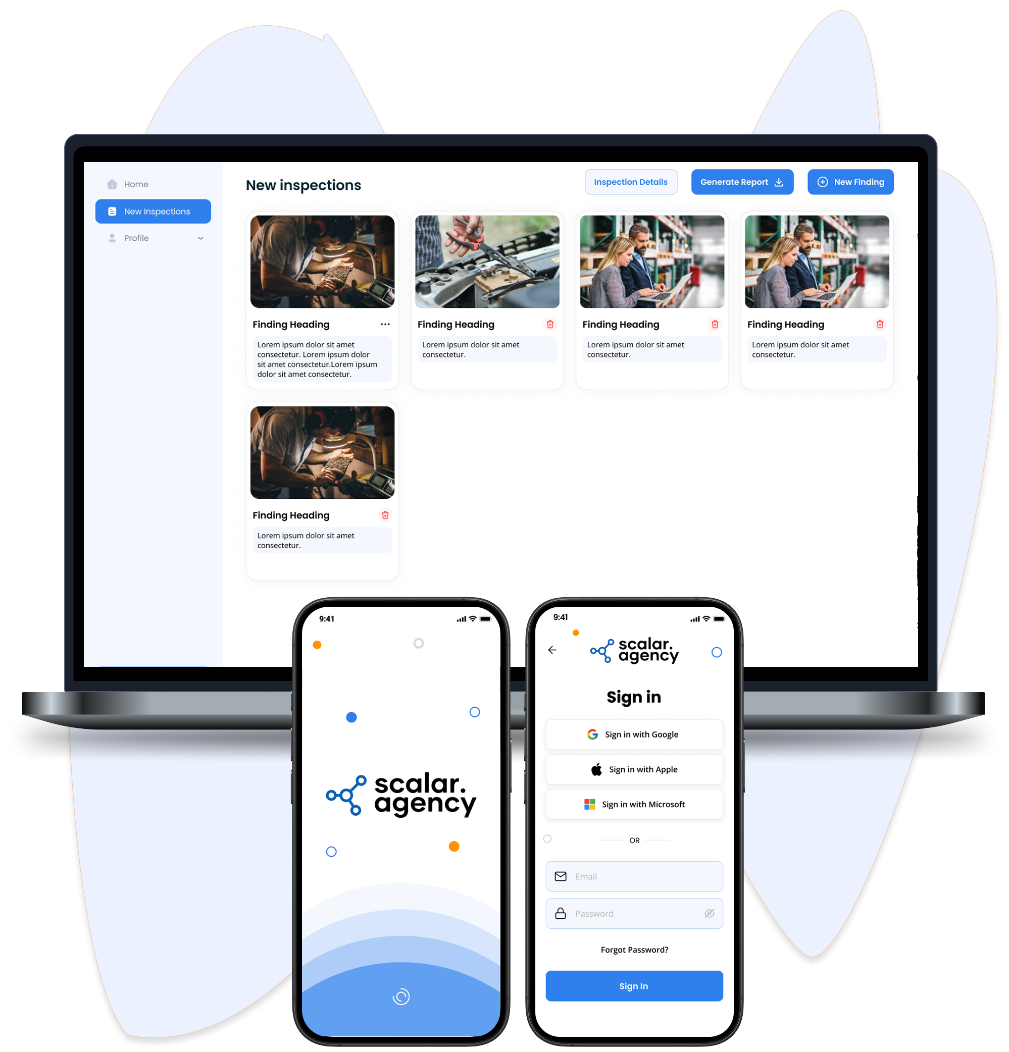 Scalar AI property inspection system shown on mobile and web screens, featuring inspection dashboard, login screen, and report generation interface, built using Flutter and full-stack web development.