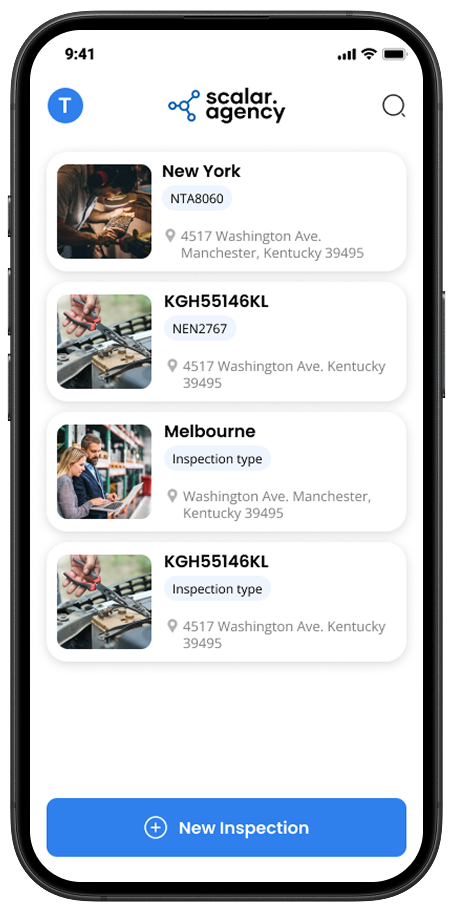 Scalar home dashboard showing active property inspections and AI insights.