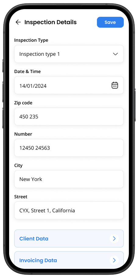 Detailed inspection screen with AI photo analysis and findings.