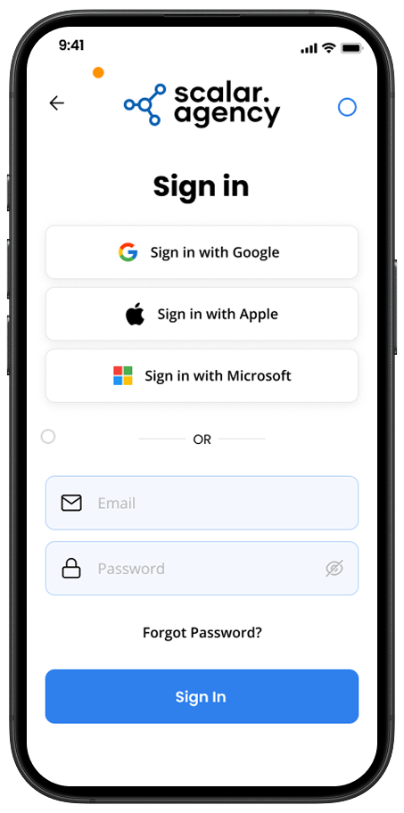 Login and signup screen for Scalar AI inspection app by Square Infosoft.