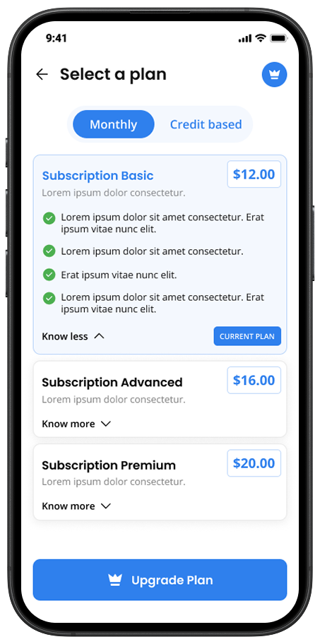 Scalar subscription plan selection screen for AI inspection app.