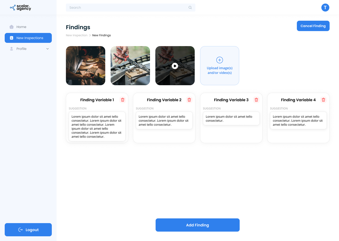 Findings screen showing AI-identified issues for construction and property inspections.