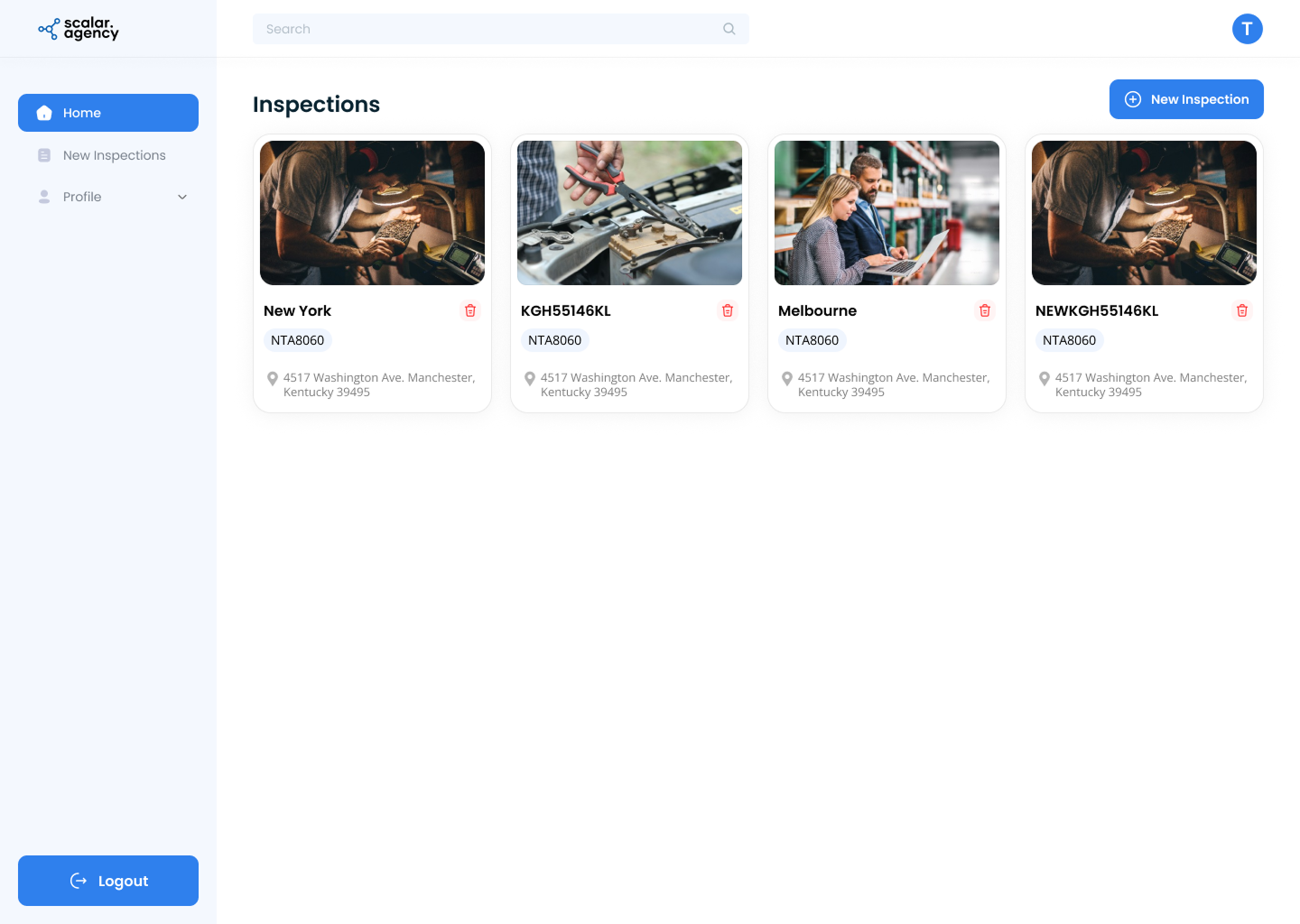 Scalar web dashboard showing inspections, analytics, and site overview.