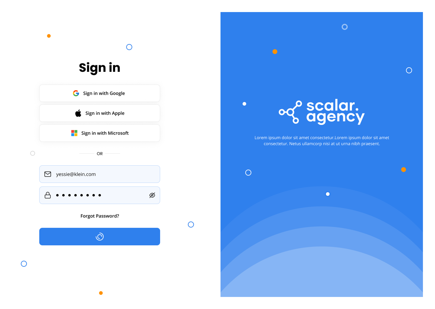 Scalar web application login and signup screen developed by Square Infosoft.