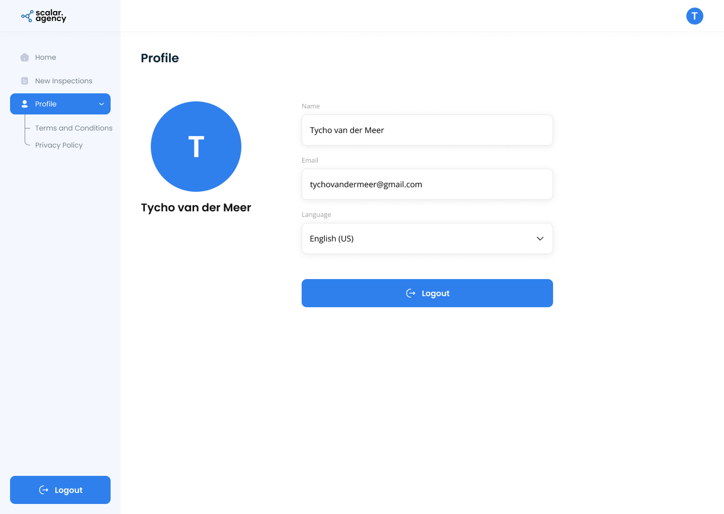 User profile and account settings for Scalar inspection web app.