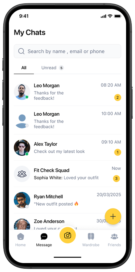 Direct messages screen showing fashion conversations and outfit discussions.
