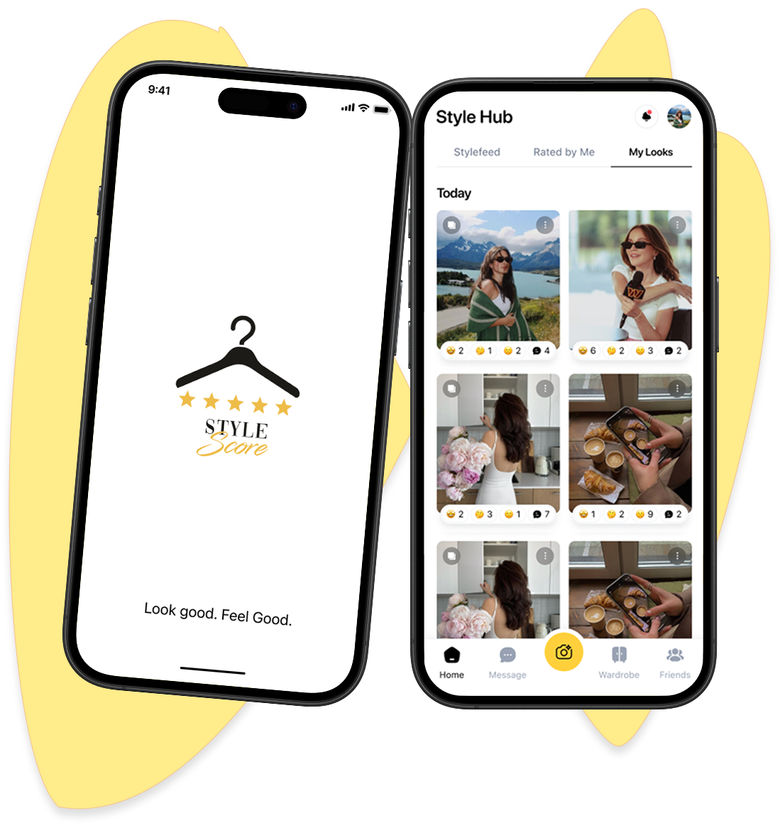 StyleScore mobile app interface showing digital wardrobe and outfit feed, developed using Flutter cross-platform mobile app development.