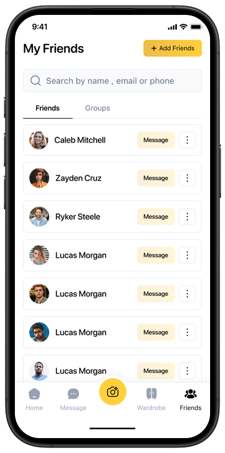 Friends list screen showing private circle contacts inside StyleScore fashion app.