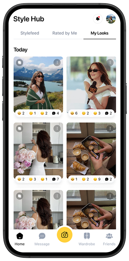 StyleScore Home Hub showing outfit feed and digital wardrobe posts.