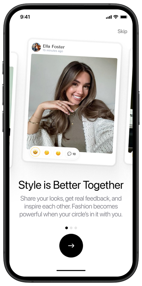 StyleScore onboarding screen showing message ‘Style is better together’ in a fashion mobile app.