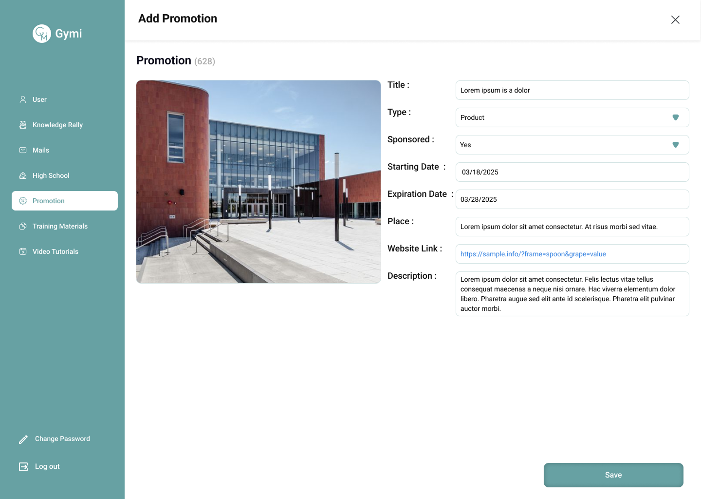 Admin panel screen for adding school promotion details in Gymi web app