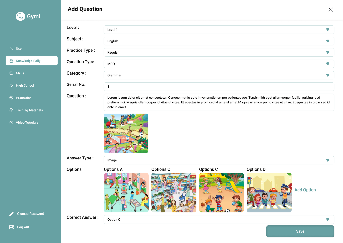 Add question form with image-based MCQ input in Gymi web admin interface