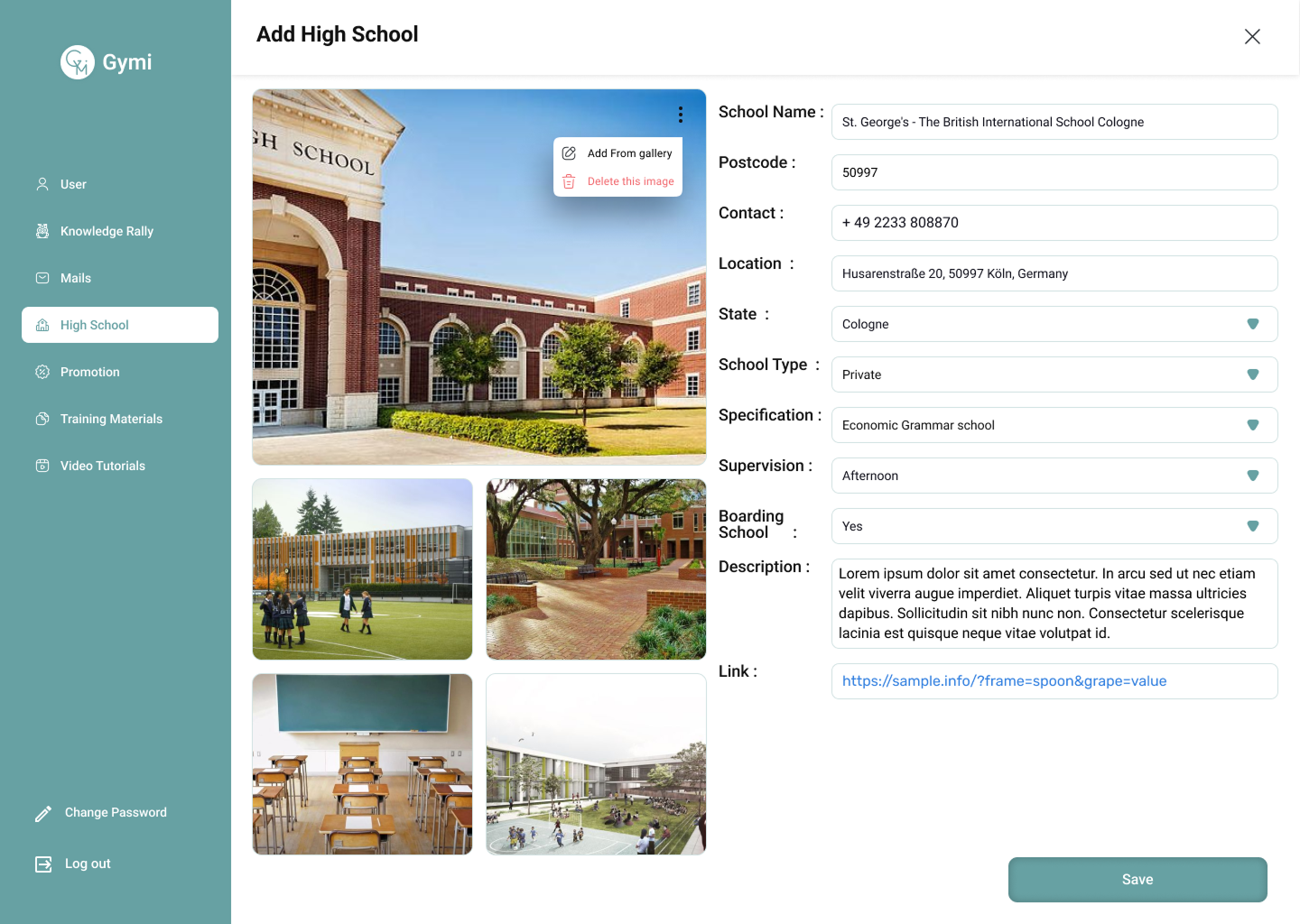 Admin interface to add high school details including images, location, and information