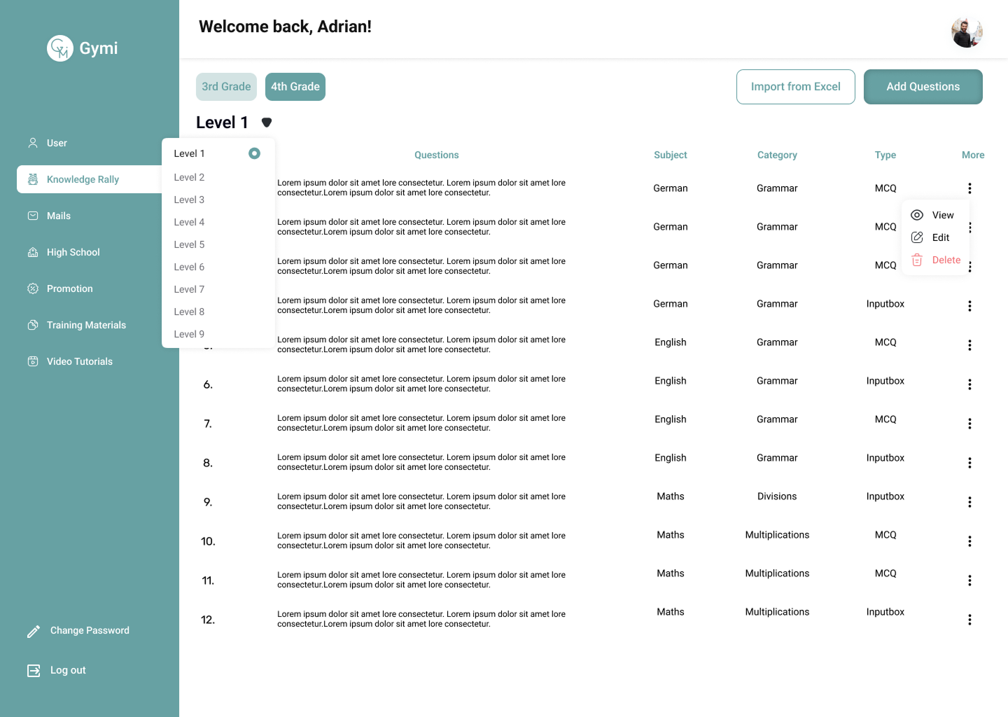 Gymi admin dashboard showing question list by level and subject