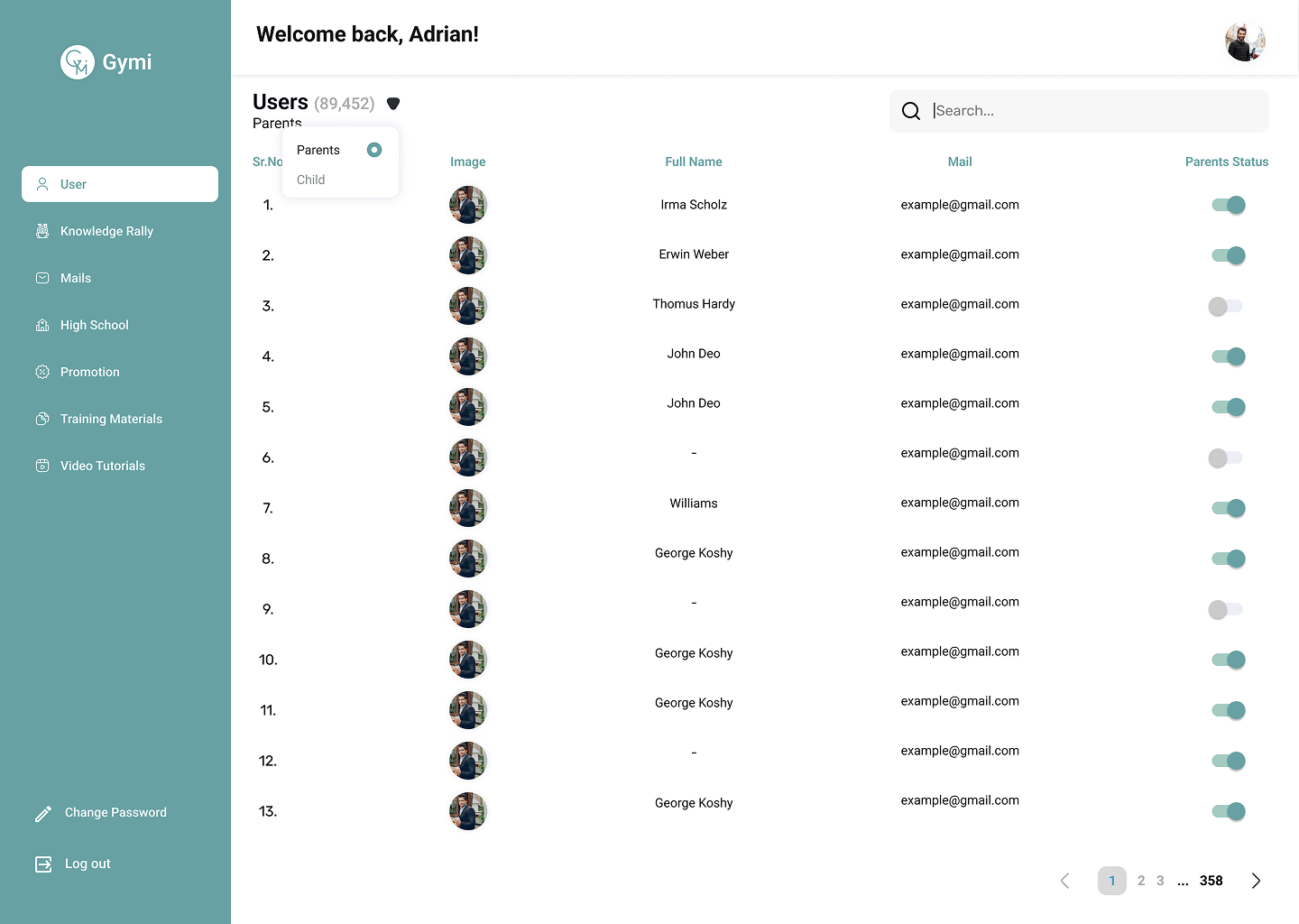 Gymi admin dashboard showing parent and child user list with status controls