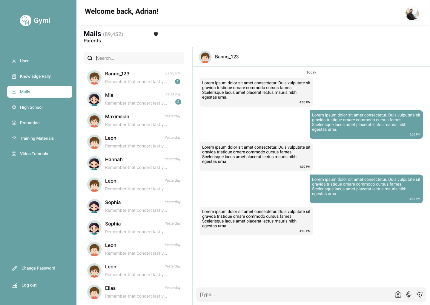 Web chat interface for parent communication inside the Gymi admin dashboard