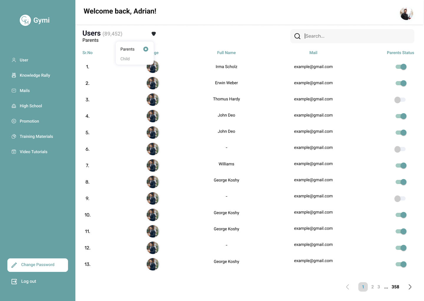 Table view of parents with status toggle in Gymi admin web platform