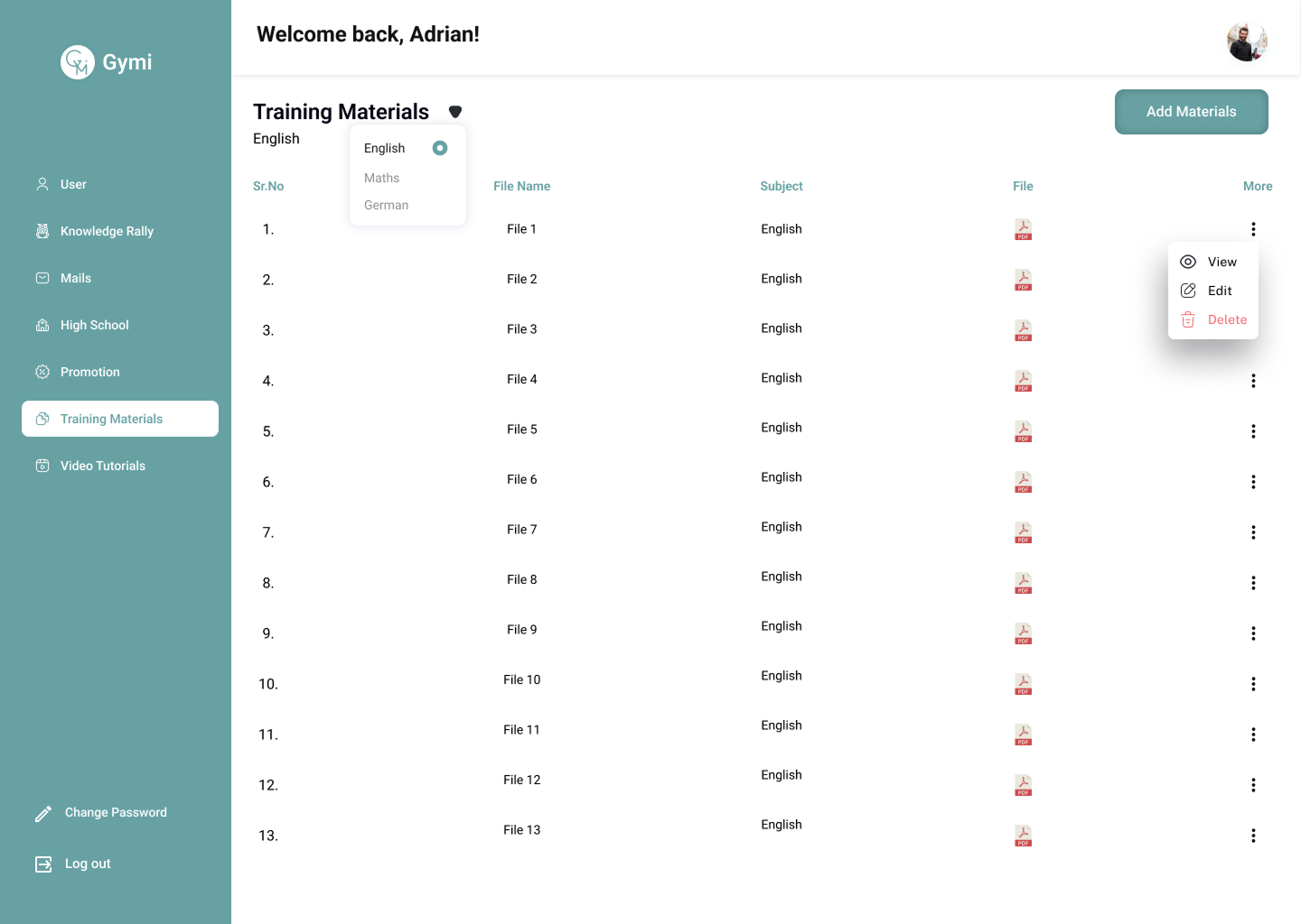 Training materials section showing subject filters and file list in Gymi admin dashboard