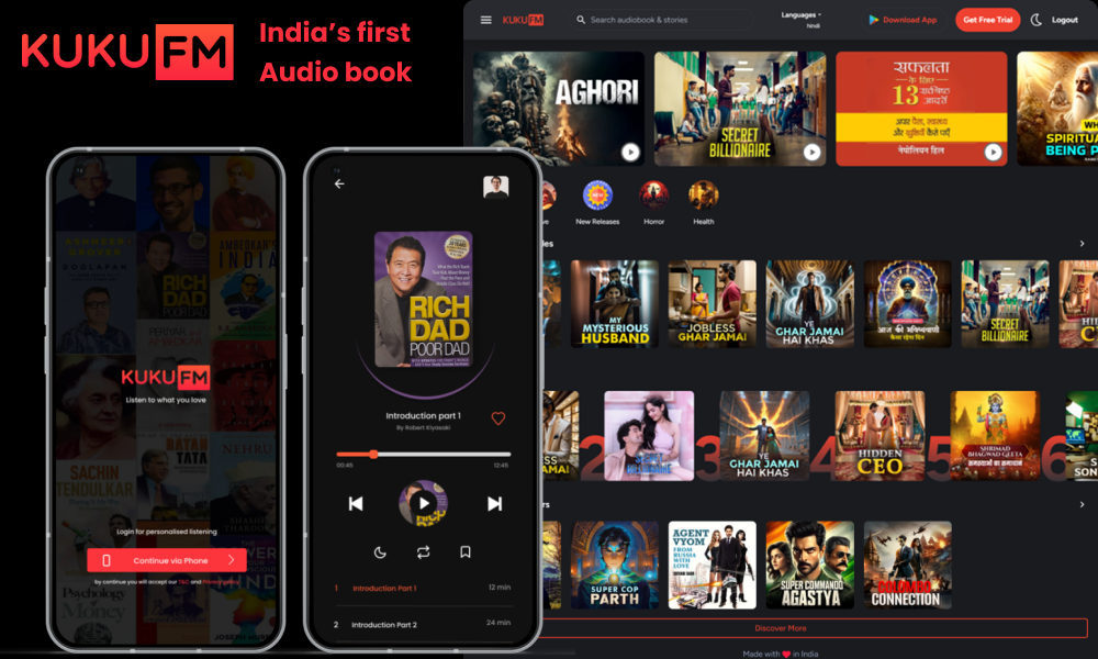 KukuFM the best audio streaming and entertainment app developed by Square Infosoft Custom audiobook and audio streaming mobile app design for Kuku FM built by Square Infosoft