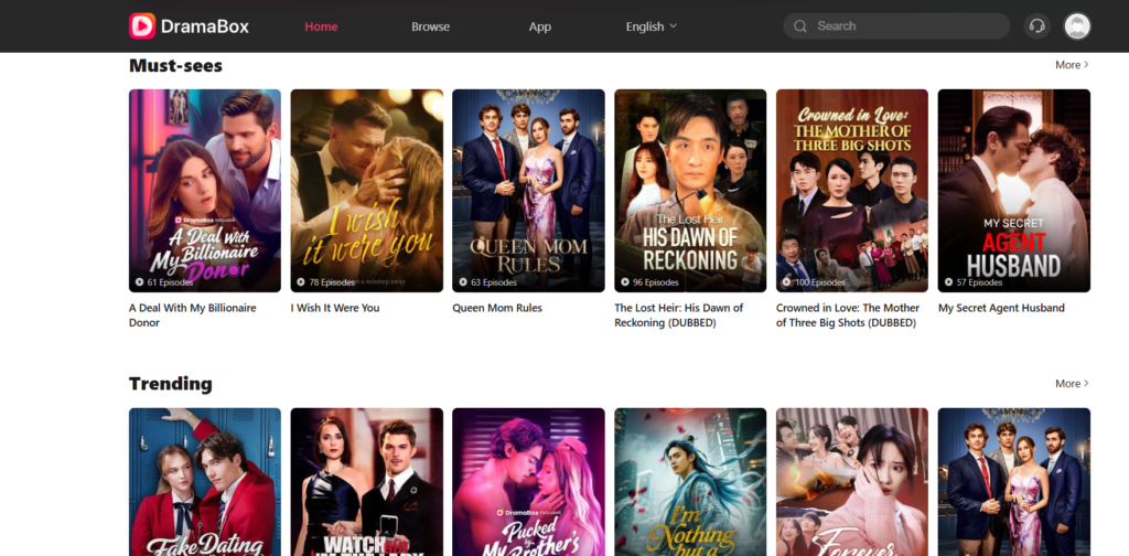 DramaBox app interface displaying a grid of "Must-sees" and "Trending" microdrama posters, including titles like "A Deal With My Billionaire Donor" and "Queen Mom Rules".