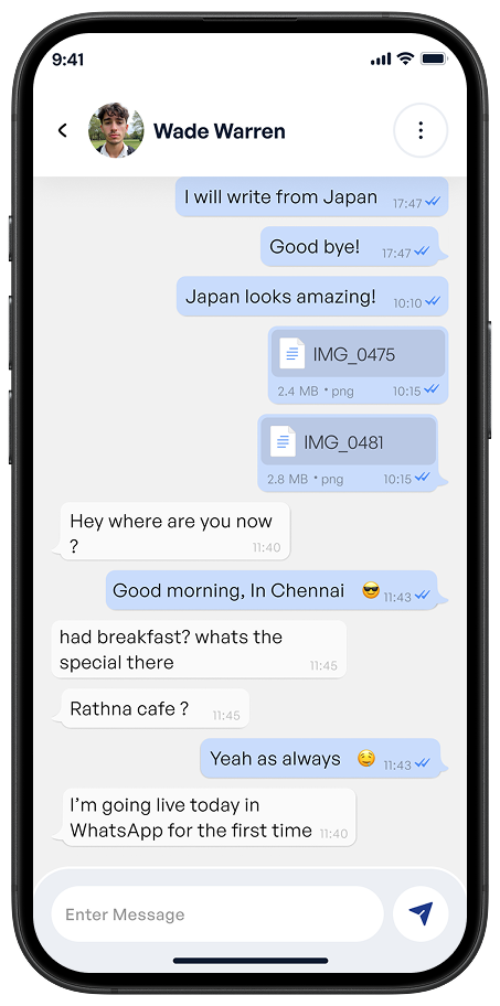 Chat details screen of Ekaki solo travel app with real-time messaging UI
