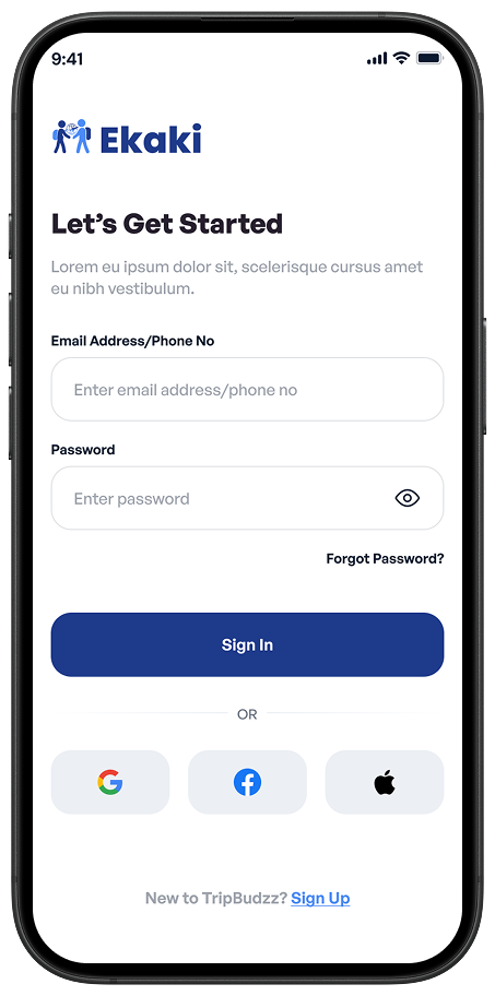 Login screen of Ekaki solo travel buddy app built with Flutter showing clean onboarding UI