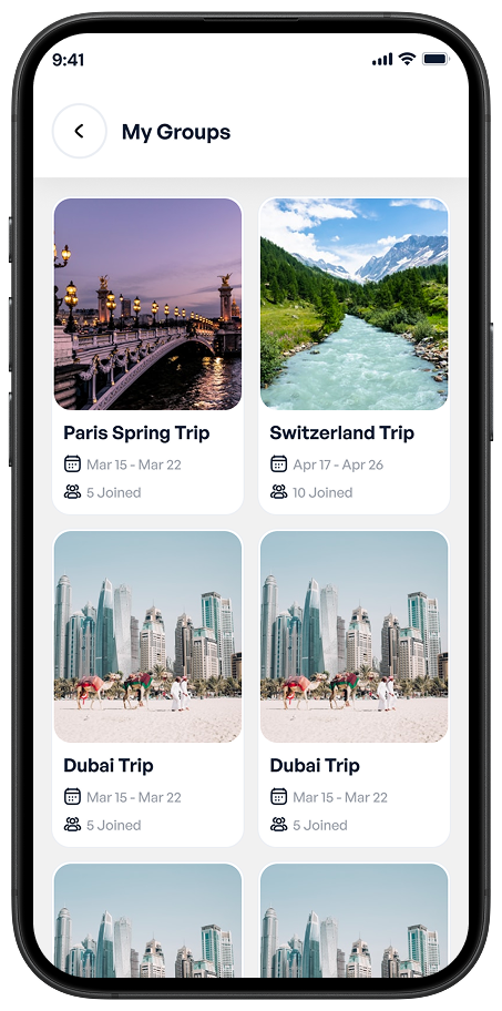 My Groups screen in Ekaki app showing joined travel communities and groups