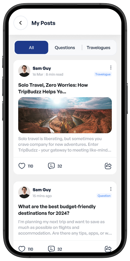 My Post screen of Ekaki app showing user’s shared travel posts and updates