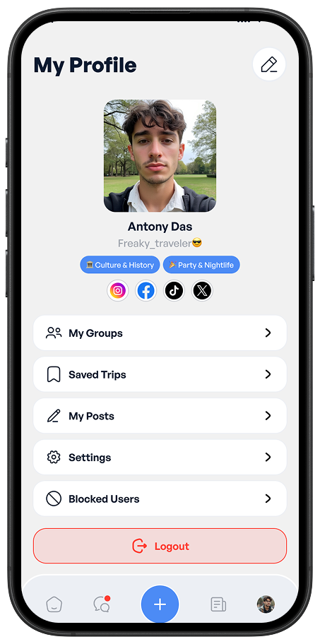 Ekaki profile screen showing user travel info, preferences, and personal settings