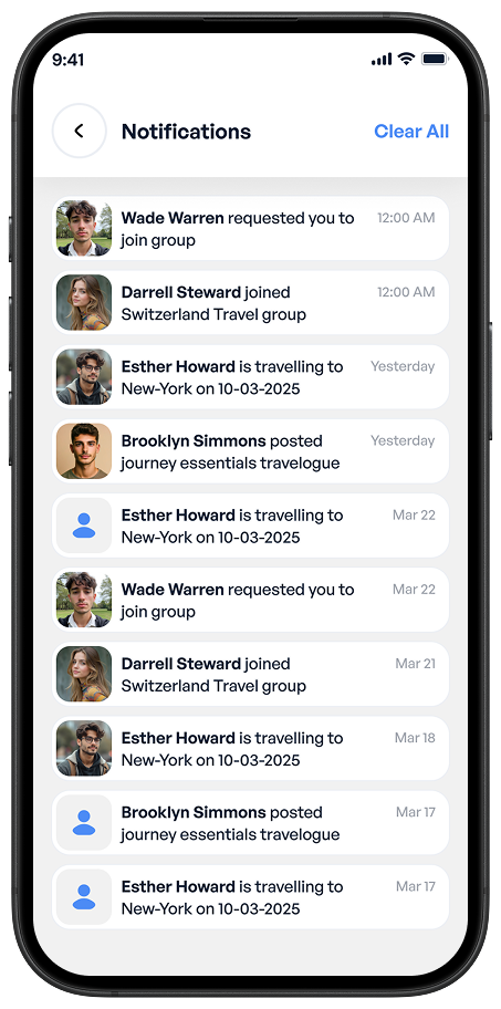 Notifications screen of Ekaki app showing travel buddy requests, messages, and group updates