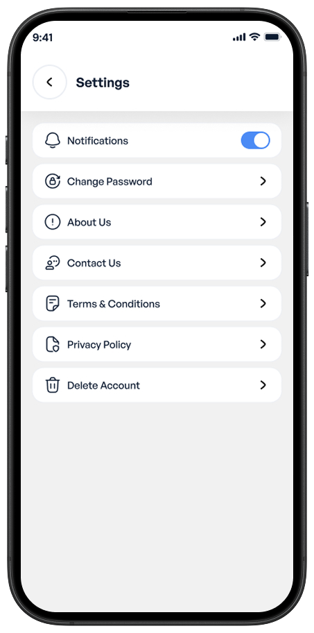 Settings screen of Ekaki app showing privacy options, notifications, and account controls