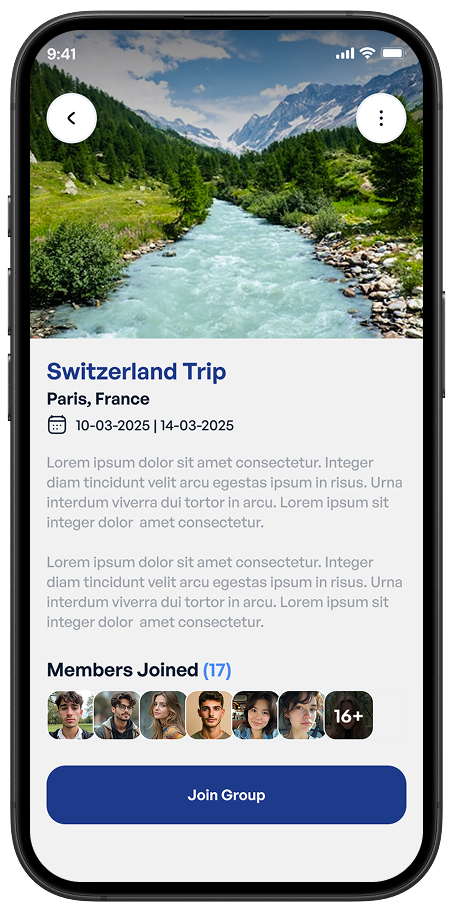 Trip details screen showing travel dates, group members, and itinerary inside Ekaki app